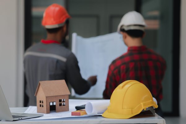 Architects and engineers are working together to edit the draft house plan that was designed after it was presented to the client and partially revised the design. Interior design and decoration ideas