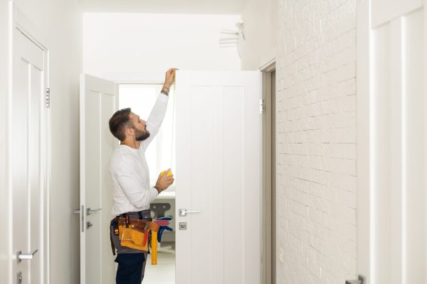 High Angle View Of Male Carpenter With Screwdriver Fixing Door Lock.