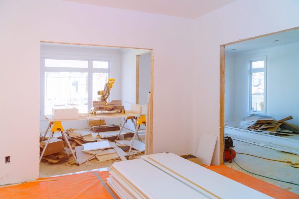 Interior construction of housing project with door and molding installed construction materials